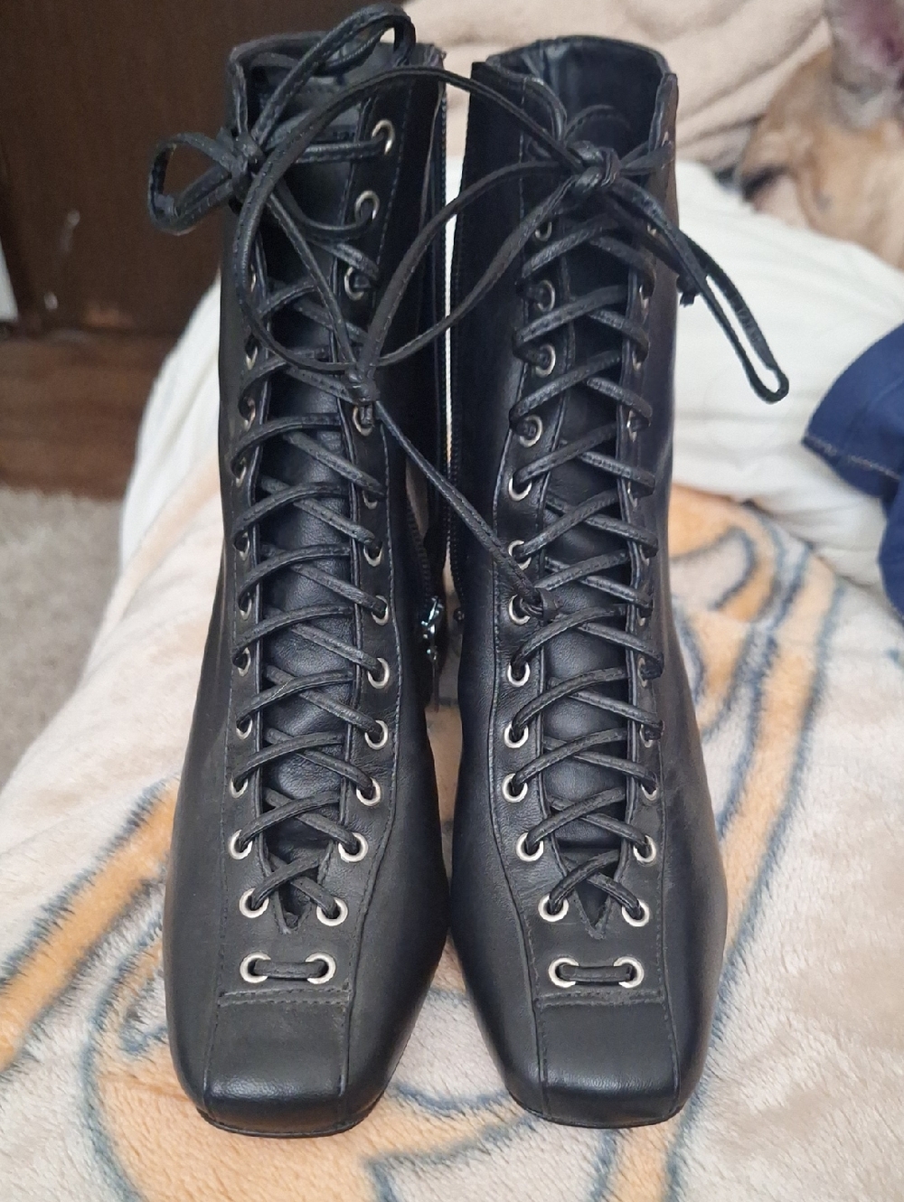 SCHUTZ Black Lace-Up Square Toe Ankle Boots